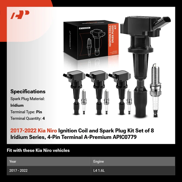 2017-2022 Kia Niro Ignition Coil and Spark Plug Kit Set of 8 Iridium Series, 4-Pin Terminal A-Premium APIC0779