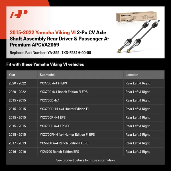 2015-2022 Yamaha Viking VI 2-Pc CV Axle Shaft Assembly Rear Driver & Passenger A-Premium APCVA2069