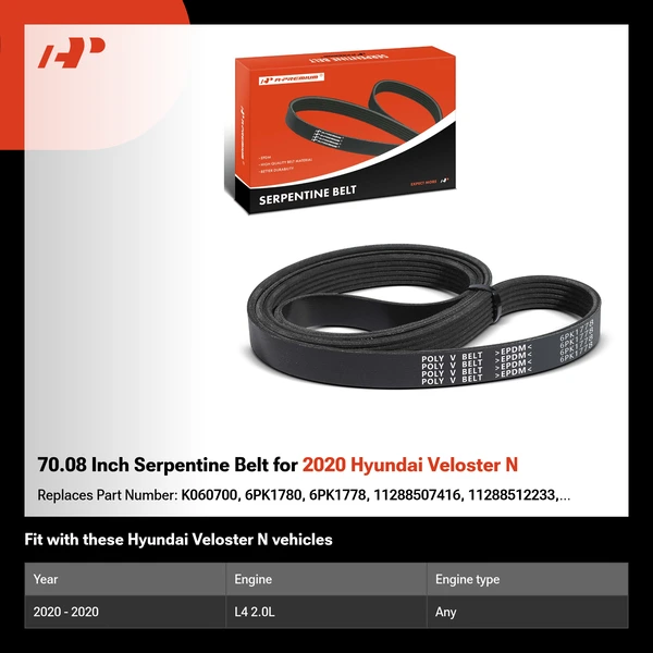 70.08 Inch Serpentine Belt for 2020 Hyundai Veloster N