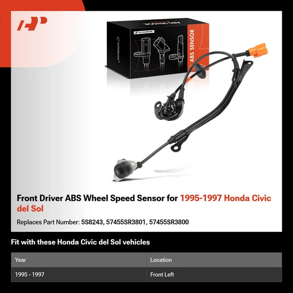 Front Driver ABS Wheel Speed Sensor for 1995-1997 Honda Civic del Sol