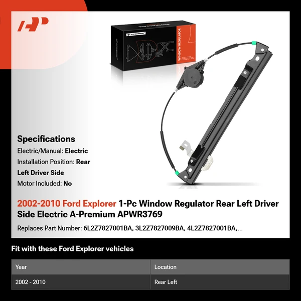2002-2010 Ford Explorer 1-Pc Window Regulator Rear Left Driver Side Electric A-Premium APWR3769