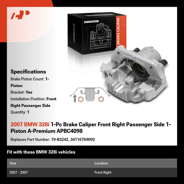 2007 BMW 328i 1-Pc Brake Caliper Front Right Passenger Side 1-Piston A-Premium APBC4098