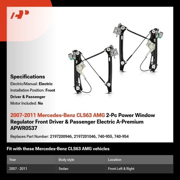 2007-2011 Mercedes-Benz CLS63 AMG 2-Pc Power Window Regulator Front Driver & Passenger Electric A-Premium APWR0537