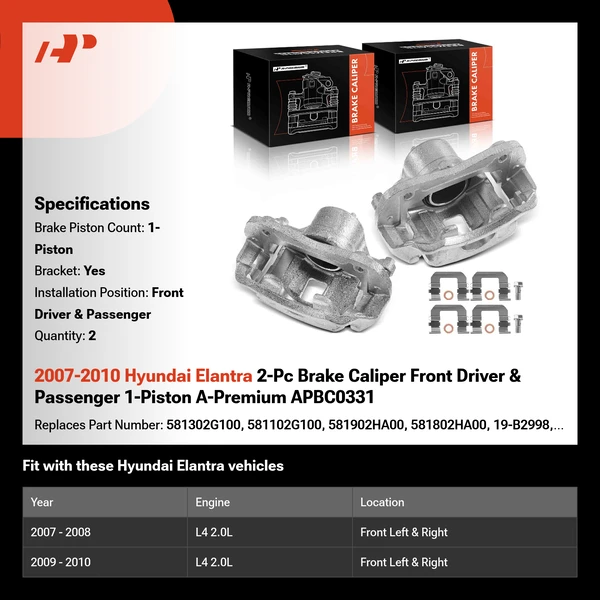 2007-2010 Hyundai Elantra 2-Pc Brake Caliper Front Driver & Passenger 1-Piston A-Premium APBC0331