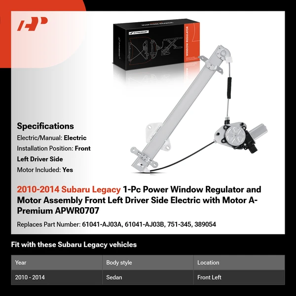 2010-2014 Subaru Legacy 1-Pc Power Window Regulator and Motor Assembly Front Left Driver Side Electric with Motor A-Premium APWR0707