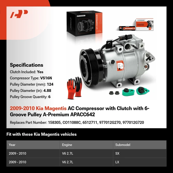 2009-2010 Kia Magentis AC Compressor with Clutch with 6-Groove Pulley A-Premium APACC642