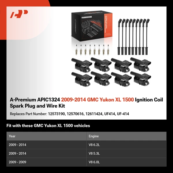 A-Premium APIC1324 2009-2014 GMC Yukon XL 1500 Ignition Coil Spark Plug and Wire Kit
