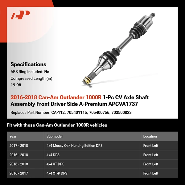 2016-2018 Can-Am Outlander 1000R 1-Pc CV Axle Shaft Assembly Front Driver Side A-Premium APCVA1737