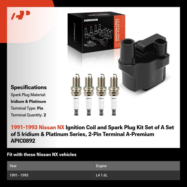 1991-1993 Nissan NX Ignition Coil and Spark Plug Kit Set of A Set of 5 Iridium & Platinum Series, 2-Pin Terminal A-Premium APIC0892