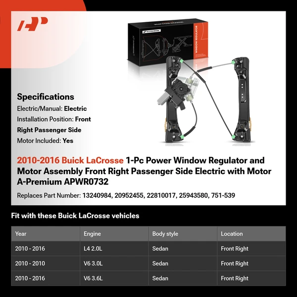 2010-2016 Buick LaCrosse 1-Pc Power Window Regulator and Motor Assembly Front Right Passenger Side Electric with Motor A-Premium APWR0732