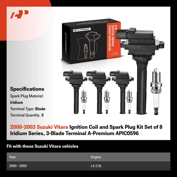 2000-2003 Suzuki Vitara Ignition Coil and Spark Plug Kit Set of 8 Iridium Series, 3-Blade Terminal A-Premium APIC0596