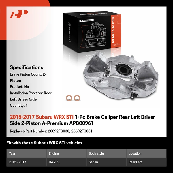 2015-2017 Subaru WRX STI 1-Pc Brake Caliper Rear Left Driver Side 2-Piston A-Premium APBC0961