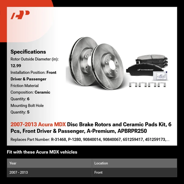 2007-2013 Acura MDX Disc Brake Rotors and Ceramic Pads Kit, 6 Pcs, Front Driver & Passenger, A-Premium, APBRPR250