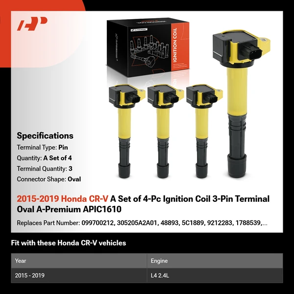 2015-2019 Honda CR-V A Set of 4-Pc Ignition Coil 3-Pin Terminal Oval A-Premium APIC1610