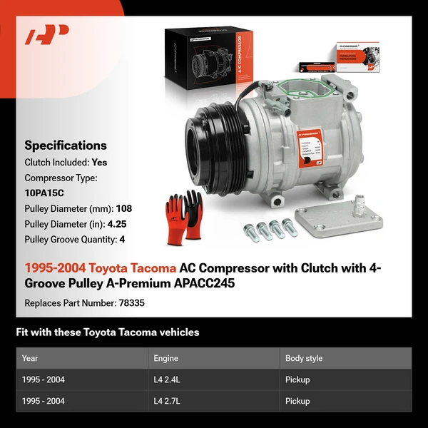 1995-2004 Toyota Tacoma AC Compressor with Clutch with 4-Groove Pulley A-Premium APACC245