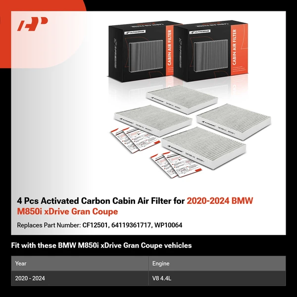 4 Pcs Activated Carbon Cabin Air Filter for 2020-2024 BMW M850i xDrive Gran Coupe