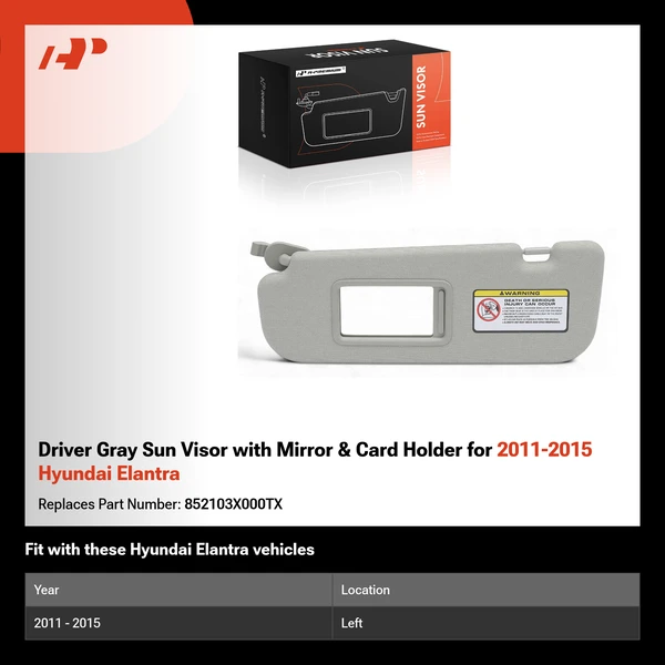 Driver Gray Sun Visor with Mirror & Card Holder for 2011-2015 Hyundai Elantra