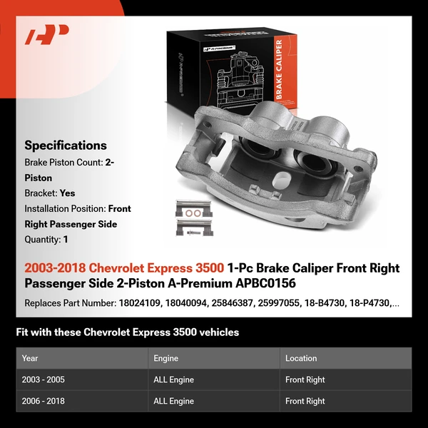2003-2018 Chevrolet Express 3500 1-Pc Brake Caliper Front Right Passenger Side 2-Piston A-Premium APBC0156