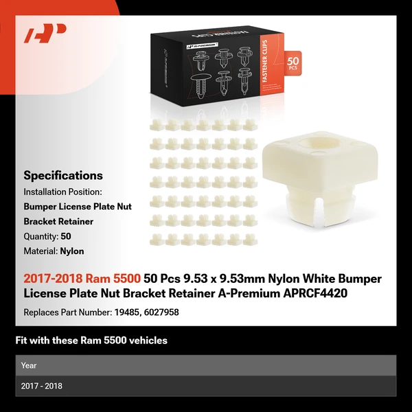 2017-2018 Ram 5500 50 Pcs 9.53 x 9.53mm Nylon White Bumper License Plate Nut Bracket Retainer A-Premium APRCF4420