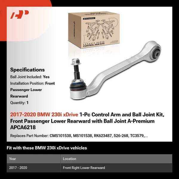 2017-2020 BMW 230i xDrive 1-Pc Control Arm and Ball Joint Kit, Front Passenger Lower Rearward with Ball Joint A-Premium APCA6218