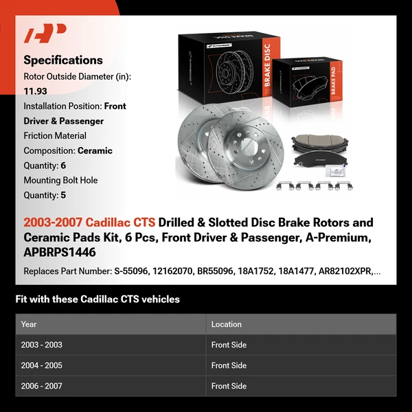 2003-2007 Cadillac CTS Drilled & Slotted Disc Brake Rotors and Ceramic Pads Kit, 6 Pcs, Front Driver & Passenger, A-Premium, APBRPS1446