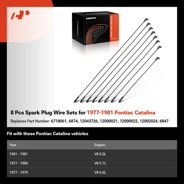 8 Pcs Spark Plug Wire Sets for 1977-1981 Pontiac Catalina