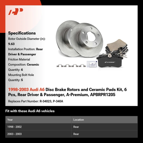 1998-2003 Audi A6 Disc Brake Rotors and Ceramic Pads Kit, 6 Pcs, Rear Driver & Passenger, A-Premium, APBRPR1205