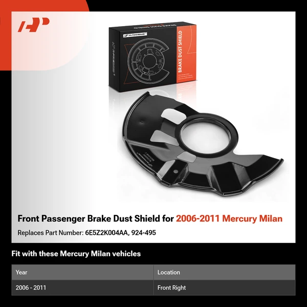 Front Passenger Brake Dust Shield for 2006-2011 Mercury Milan