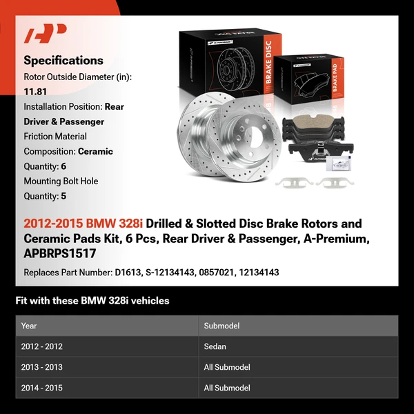 2012-2015 BMW 328i Drilled & Slotted Disc Brake Rotors and Ceramic Pads Kit, 6 Pcs, Rear Driver & Passenger, A-Premium, APBRPS1517