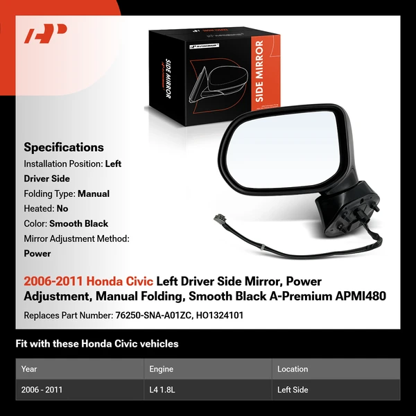 2006-2011 Honda Civic Left Driver Side Mirror, Power Adjustment, Manual Folding, Smooth Black A-Premium APMI480