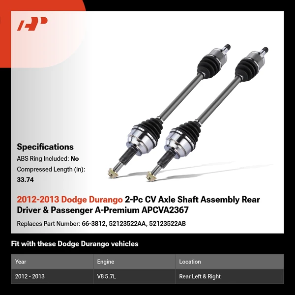 2012-2013 Dodge Durango 2-Pc CV Axle Shaft Assembly Rear Driver & Passenger A-Premium APCVA2367