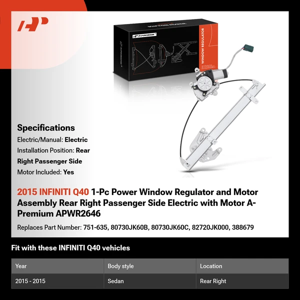 2015 INFINITI Q40 1-Pc Power Window Regulator and Motor Assembly Rear Right Passenger Side Electric with Motor A-Premium APWR2646