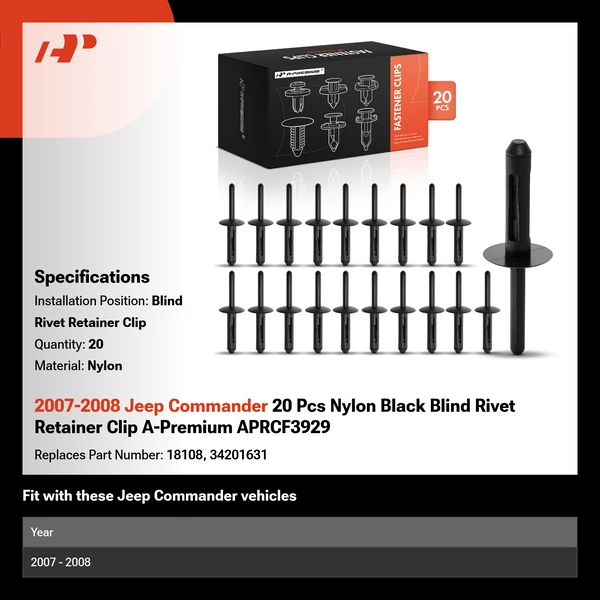 2007-2008 Jeep Commander 20 Pcs Nylon Black Blind Rivet Retainer Clip A-Premium APRCF3929