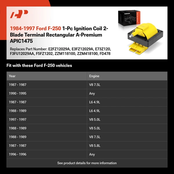 1984-1997 Ford F-250 1-Pc Ignition Coil 2-Blade Terminal Rectangular A-Premium APIC1475