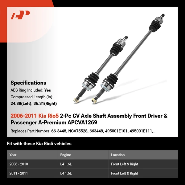 2006-2011 Kia Rio5 2-Pc CV Axle Shaft Assembly Front Driver & Passenger A-Premium APCVA1269