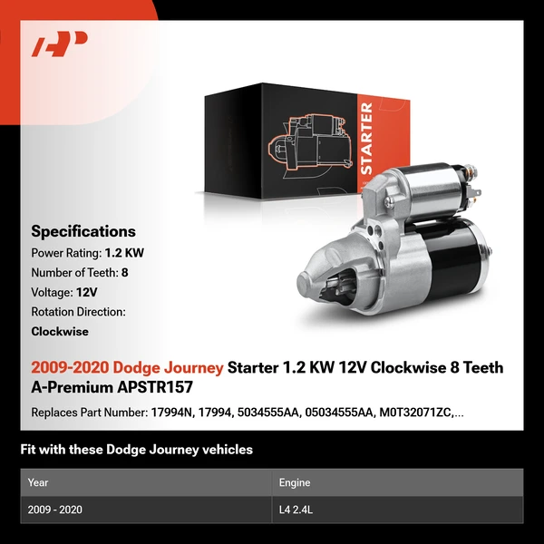 2009-2020 Dodge Journey Starter 1.2 KW 12V Clockwise 8 Teeth A-Premium APSTR157