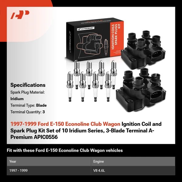 1997-1999 Ford E-150 Econoline Club Wagon Ignition Coil and Spark Plug Kit Set of 10 Iridium Series, 3-Blade Terminal A-Premium APIC0556