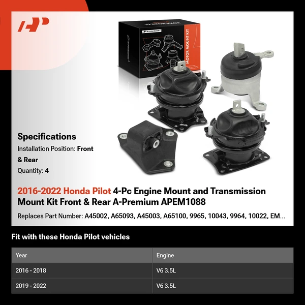 2016-2022 Honda Pilot 4-Pc Engine Mount and Transmission Mount Kit Front & Rear A-Premium APEM1088
