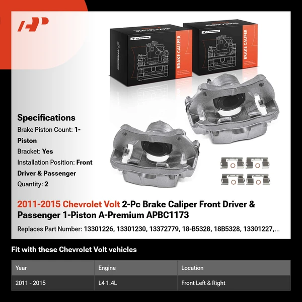 2011-2015 Chevrolet Volt 2-Pc Brake Caliper Front Driver & Passenger 1-Piston A-Premium APBC1173