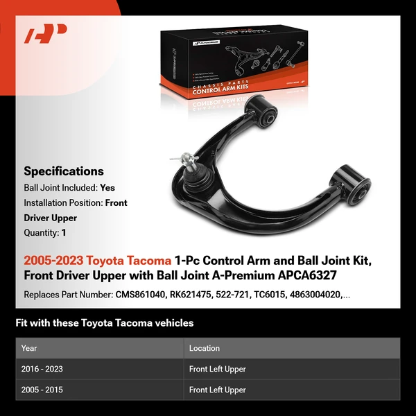 2005-2023 Toyota Tacoma 1-Pc Control Arm and Ball Joint Kit, Front Driver Upper with Ball Joint A-Premium APCA6327