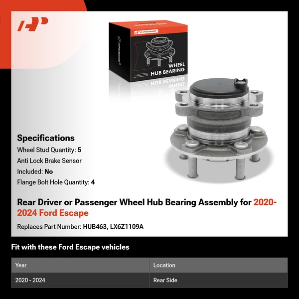 Rear Driver or Passenger Wheel Hub Bearing Assembly for 2020-2024 Ford Escape