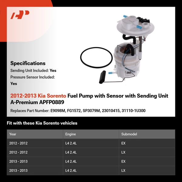 2012-2013 Kia Sorento Fuel Pump with Sensor with Sending Unit A-Premium APFP0889