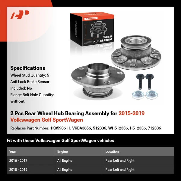 2 Pcs Rear Wheel Hub Bearing Assembly for 2015-2019 Volkswagen Golf SportWagen