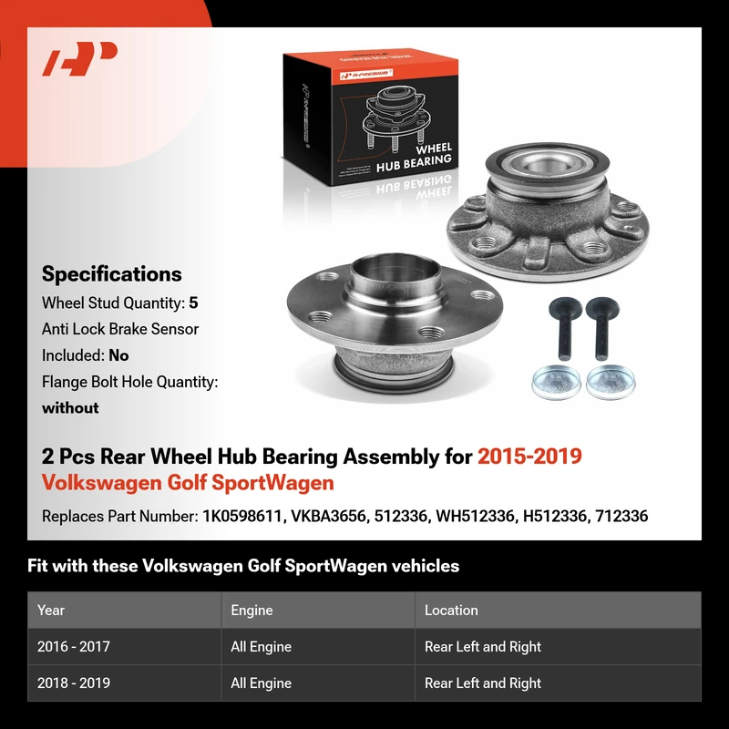 2 Pcs Rear Wheel Hub Bearing Assembly for 2015-2019 Volkswagen Golf SportWagen