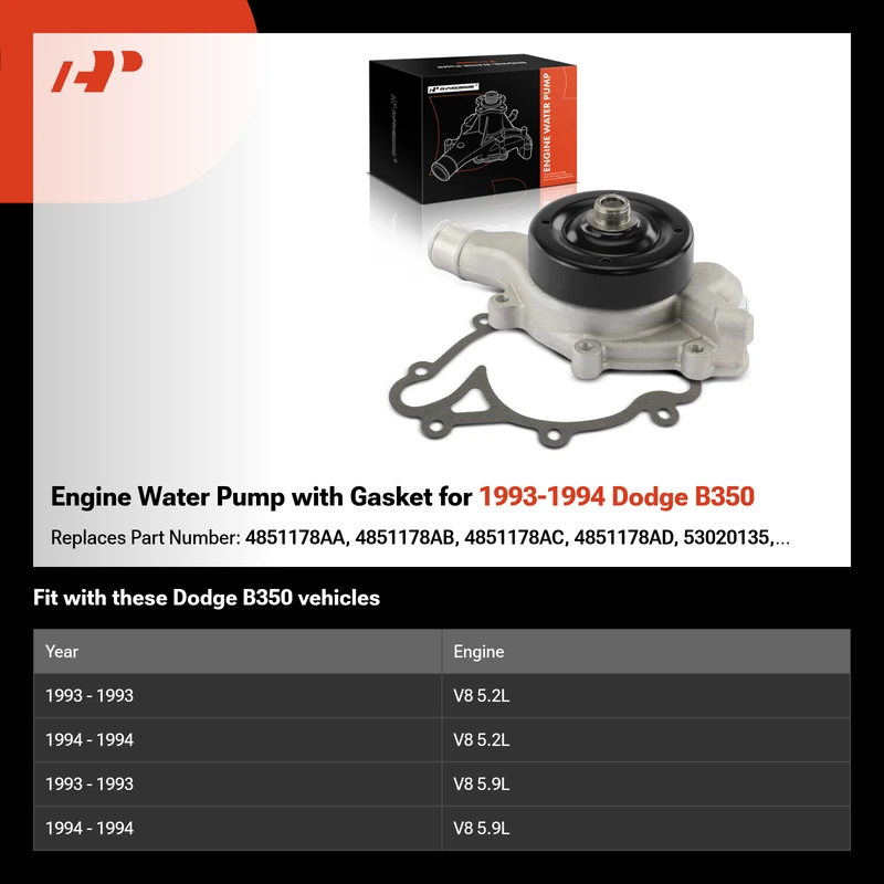 Engine Water Pump with Gasket for 1993-1994 Dodge B350