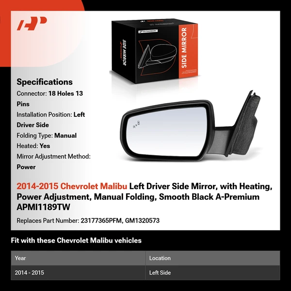 2014-2015 Chevrolet Malibu Left Driver Side Mirror, with Heating, Power Adjustment, Manual Folding, Smooth Black A-Premium APMI1189TW