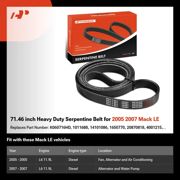 71.46 inch Heavy Duty Serpentine Belt for 2005 2007 Mack LE