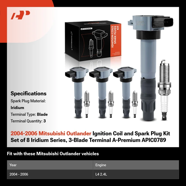 2004-2006 Mitsubishi Outlander Ignition Coil and Spark Plug Kit Set of 8 Iridium Series, 3-Blade Terminal A-Premium APIC0789