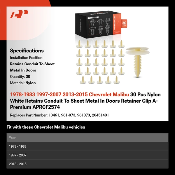 1978-1983 1997-2007 2013-2015 Chevrolet Malibu 30 Pcs Nylon White Retains Conduit To Sheet Metal In Doors Retainer Clip A-Premium APRCF2574