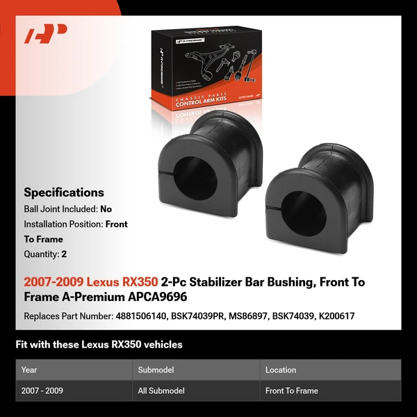 2007-2009 Lexus RX350 2-Pc Stabilizer Bar Bushing, Front To Frame A-Premium APCA9696